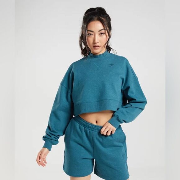 Gymshark Rest Day Crewneck Sweatshirt Cropped Pullover Steel Blue Marl | M - Picture 5 of 9